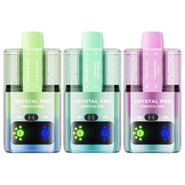 Crystal Pro Switch 30K Puffs Prefilled Pod Kit Box of 5 in Lemon & Lime, Lemon & Mint, Watermelon Ice, Watermelon Bubble Gum, Juicy Peach, and Juicy Raspberry Flavours at Vapernest Wholesale