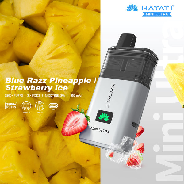 Hayati Mini Ultra 1500 Disposable Vape Box of 5 - Blue Razz Pineapple / Strawberry Ice