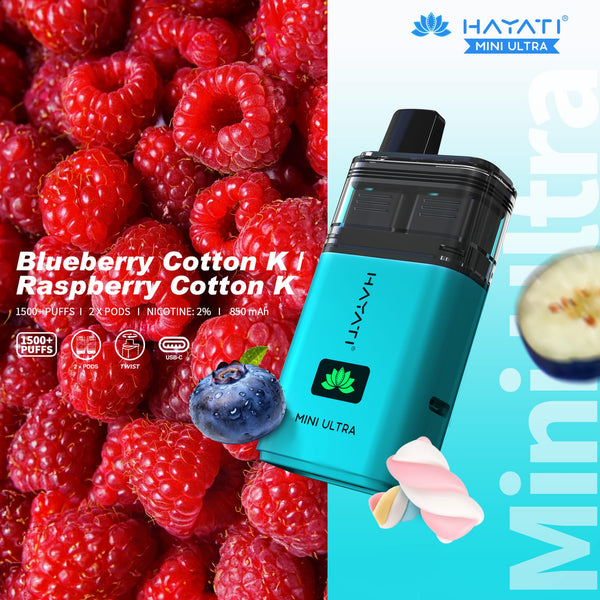 Hayati Mini Ultra 1500 Disposable Vape Box of 5 - Blueberry Cotton K / Raspberry Cotton K