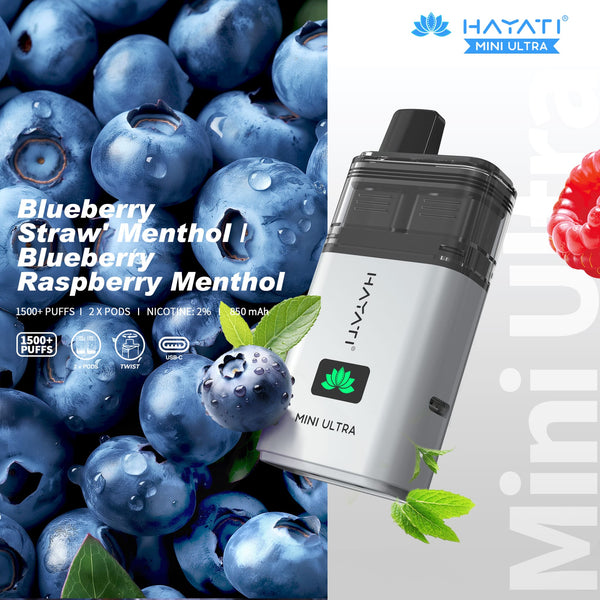 Hayati Mini Ultra 1500 Disposable Vape Box of 5 - Blueberry Straw' Menthol / Blueberry Raspberry Menthol
