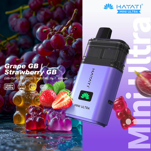 Hayati Mini Ultra 1500 Disposable Vape Box of 5 - Grape GB / Strawberry GB