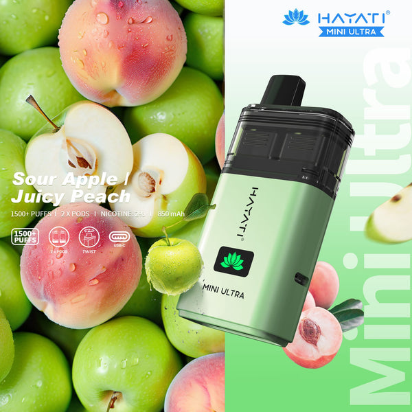 Hayati Mini Ultra 1500 Disposable Vape Box of 5 - Sour Apple / Juicy Peach