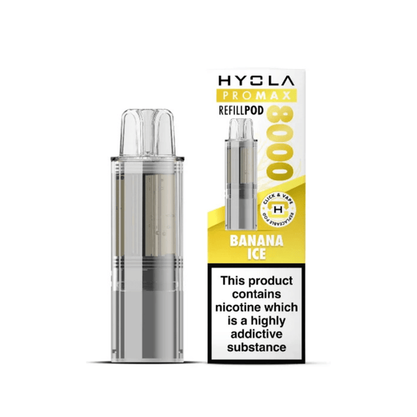 Hyola Pro Max 8000 Prefilled Replacement Pod Box of 5 available in Banana Ice Flavour at Vapernest Wholesale