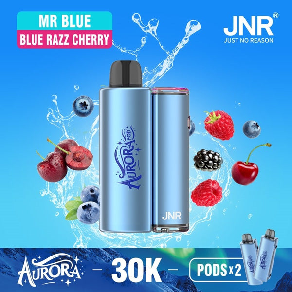Flavour Mr Blue and Blue Razz Cherry of JNR Aurora 30k Pod vape Kit - Box of 5 at Vapernest Wholesale