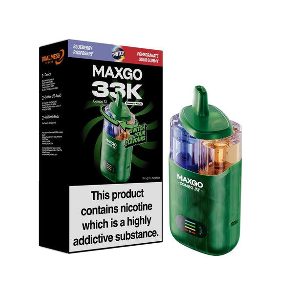 Relx Maxgo Combo 33000 Prefilled Pod Kit - Box of 5 available in Blueberry Raspberry Flavour at Vapernest Wholesale