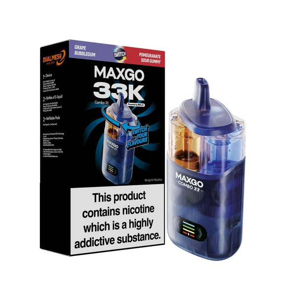 Relx Maxgo Combo 33000 Prefilled Pod Kit - Box of 5 available in Grape Bubblegum Flavour at Vapernest Wholesale