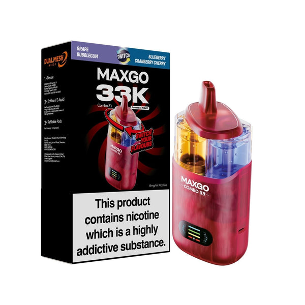 Relx Maxgo Combo 33000 Prefilled Pod Kit - Box of 5 available in Grape Bubble Gum Flavour at Vapernest Wholesale