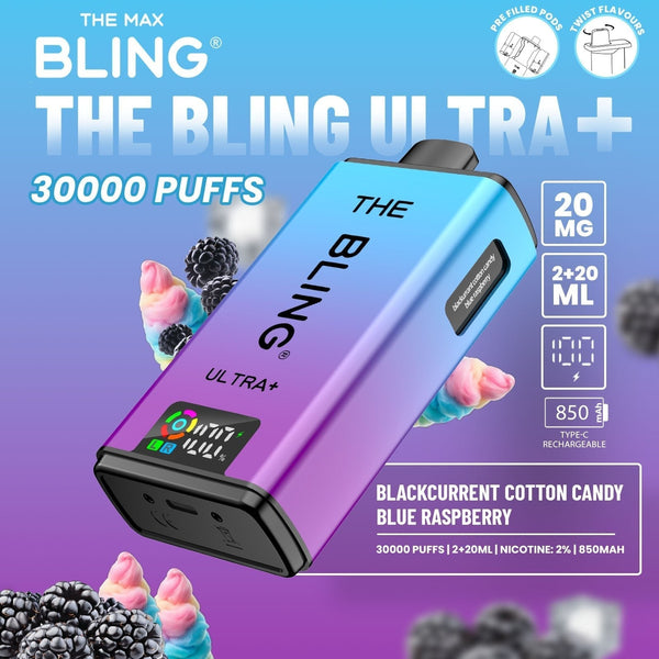 The Bling Ultra Plus 30k Prefilled Vape Pod Kit Box of 5 available in Blackcurrent Cotton Candy Blue Raspberry Flavour at Vapernest Wholesale