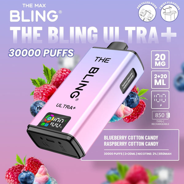 The Bling Ultra Plus 30k Prefilled Vape Pod Kit Box of 5 available in Blueberry Cotton Candy Raspberry Cotton Candy Flavour at Vapernest Wholesale
