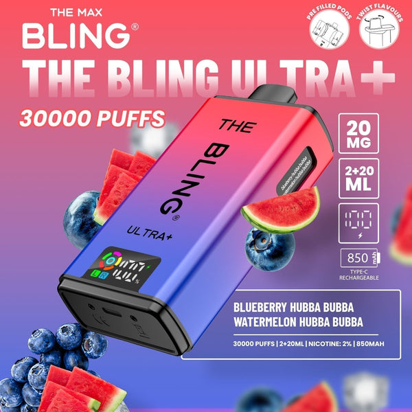 The Bling Ultra Plus 30k Prefilled Vape Pod Kit Box of 5 available in Blueberry Hubba Bubba Watermelon Hubba Bubba Flavour at Vapernest Wholesale