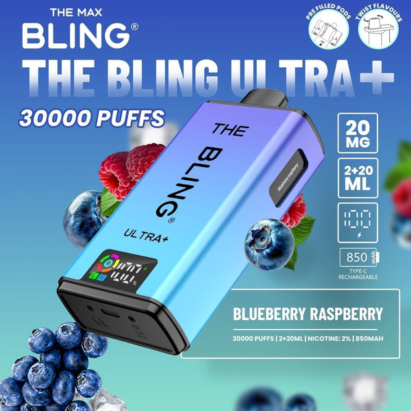 The Bling Ultra Plus 30k Prefilled Vape Pod Kit Box of 5 available in Blueberry Raspberry Flavour at Vapernest Wholesale