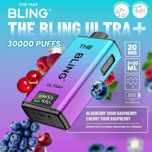 The Bling Ultra Plus 30k Prefilled Vape Pod Kit Box of 5 available in Blueberry Sour Raspberry Cherry Sour Raspberry Flavour at Vapernest Wholesale