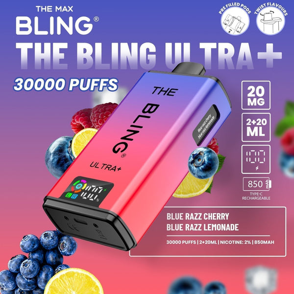 The Bling Ultra Plus 30k Prefilled Vape Pod Kit Box of 5 available in Blue Razz Cherry Blue Razz Lemonade Flavour at Vapernest Wholesale