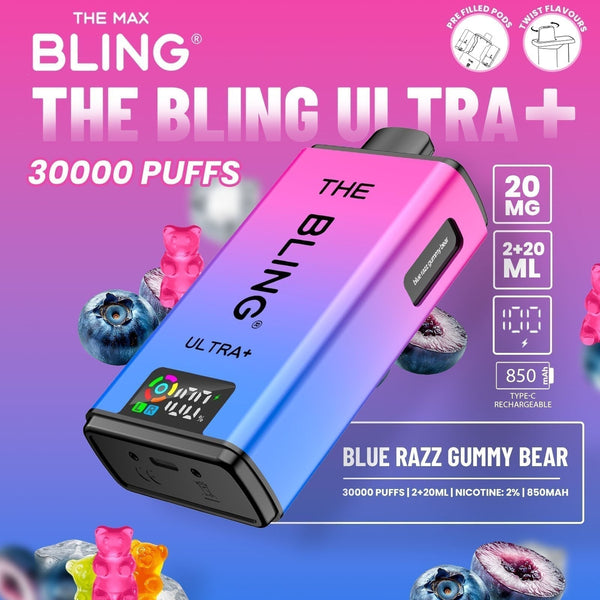 The Bling Ultra Plus 30k Prefilled Vape Pod Kit Box of 5 available in Blue Razz Gummy Bear Flavour at Vapernest Wholesale