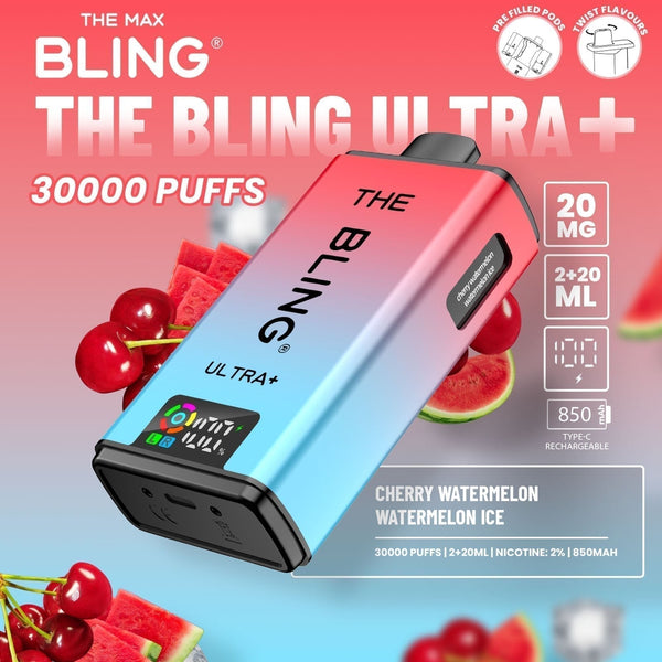 The Bling Ultra Plus 30k Prefilled Vape Pod Kit Box of 5 available in Cherry Watermelon Watermelon Ice Flavour at Vapernest Wholesale