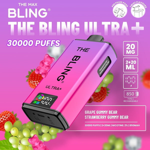 The Bling Ultra Plus 30k Prefilled Vape Pod Kit Box of 5 available in Grape Gummy Bear Strawberry Gummy Bear Flavour at Vapernest Wholesale