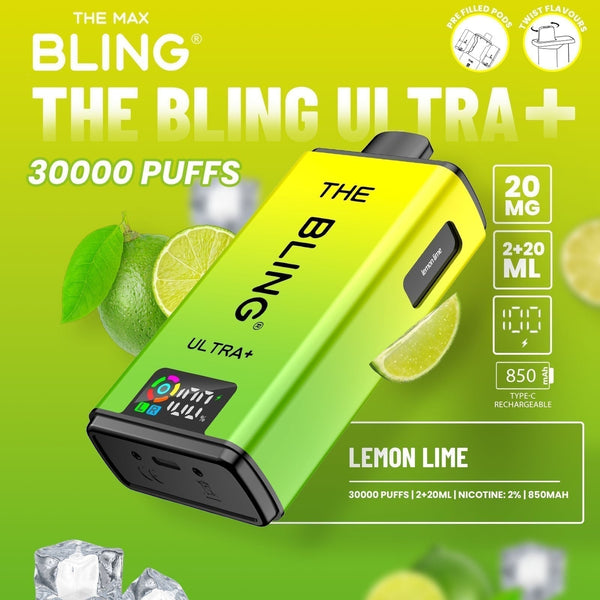 The Bling Ultra Plus 30k Prefilled Vape Pod Kit Box of 5 available in Lemon Lime Flavour at Vapernest Wholesale