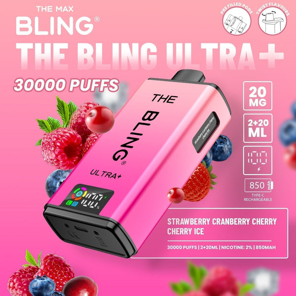 The Bling Ultra Plus 30k Prefilled Vape Pod Kit Box of 5 available in Strawberry Cranberry Cherry Cherry Ice Flavour at Vapernest Wholesale