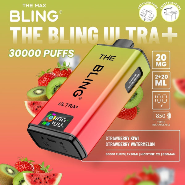 The Bling Ultra Plus 30k Prefilled Vape Pod Kit Box of 5 available in Strawberry Kiwi Strawberry Watermelon Flavour at Vapernest Wholesale