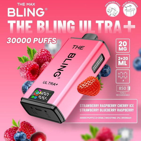 The Bling Ultra Plus 30k Prefilled Vape Pod Kit Box of 5 available in Strawberry Raspberry Cherry Ice Strawberry Blueberry Raspberry Flavour at Vapernest Wholesale