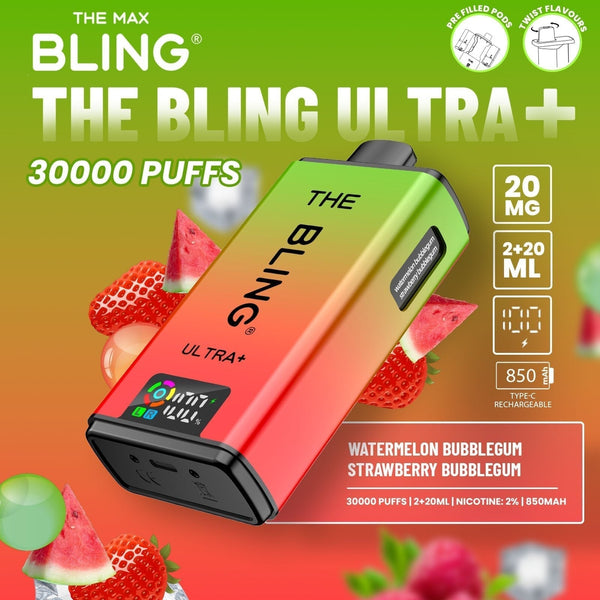 The Bling Ultra Plus 30k Prefilled Vape Pod Kit Box of 5 available in Watermelon Bubblegum Strawberry Bubblegum Flavour at Vapernest Wholesale