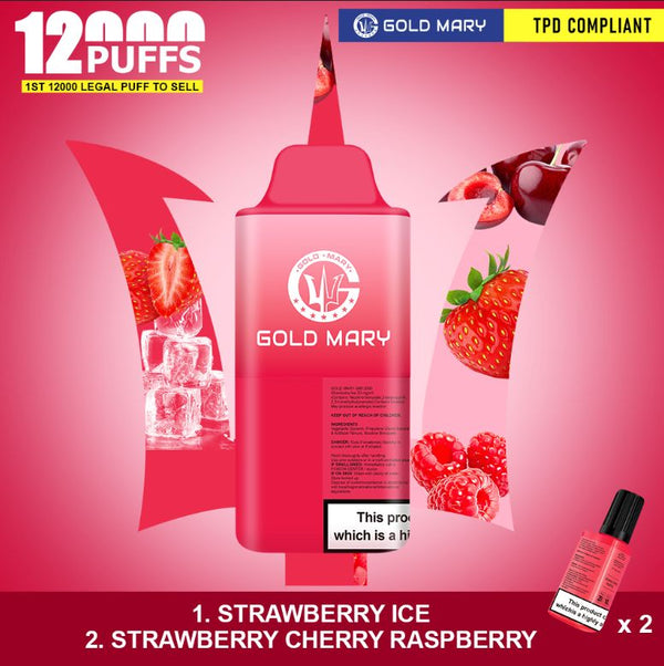 Gold Mary 12000 Puffs Disposable Vape Box of 5 - Strawberry Ice/Strawberry Cherry Raspberry - vapeukwholesale